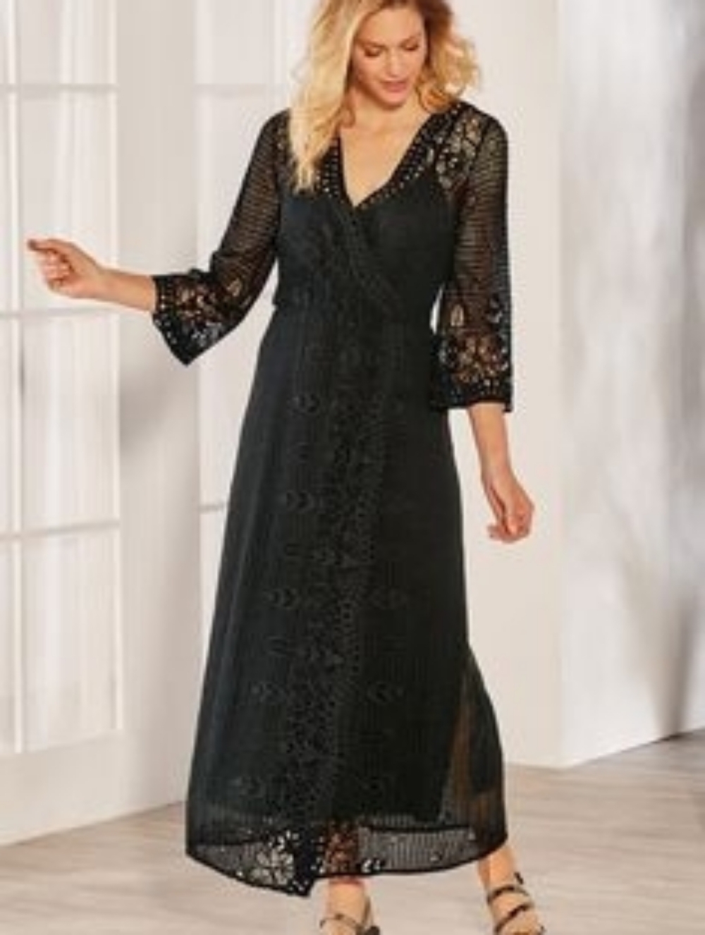 Soft Surroundings Black Crochet Lace Maxi Dress Boho Romantic Size Small